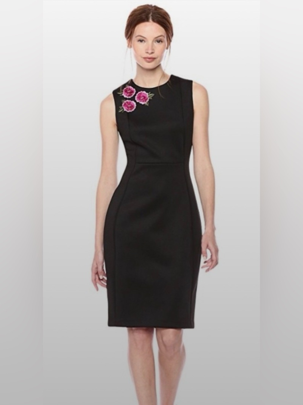 NWT Calvin Klein Black Sleeveless Midi Dress with Pink Floral Appliqué